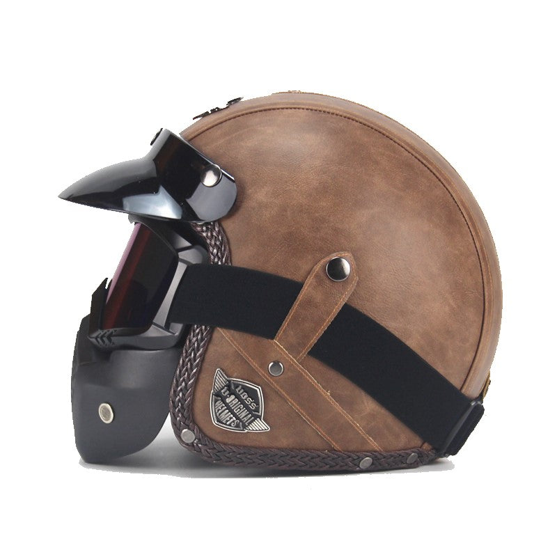 Cromos | Casque de moto vintage en cuir PU avec masque visage et lunettes intégrées