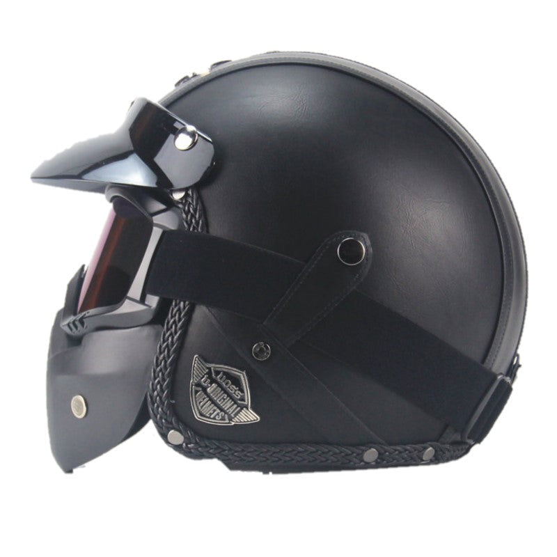 Cromos | Casque de moto vintage en cuir PU avec masque visage et lunettes intégrées