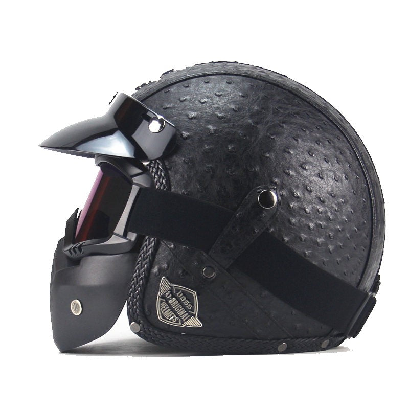 Cromos | Casque de moto vintage en cuir PU avec masque visage et lunettes intégrées