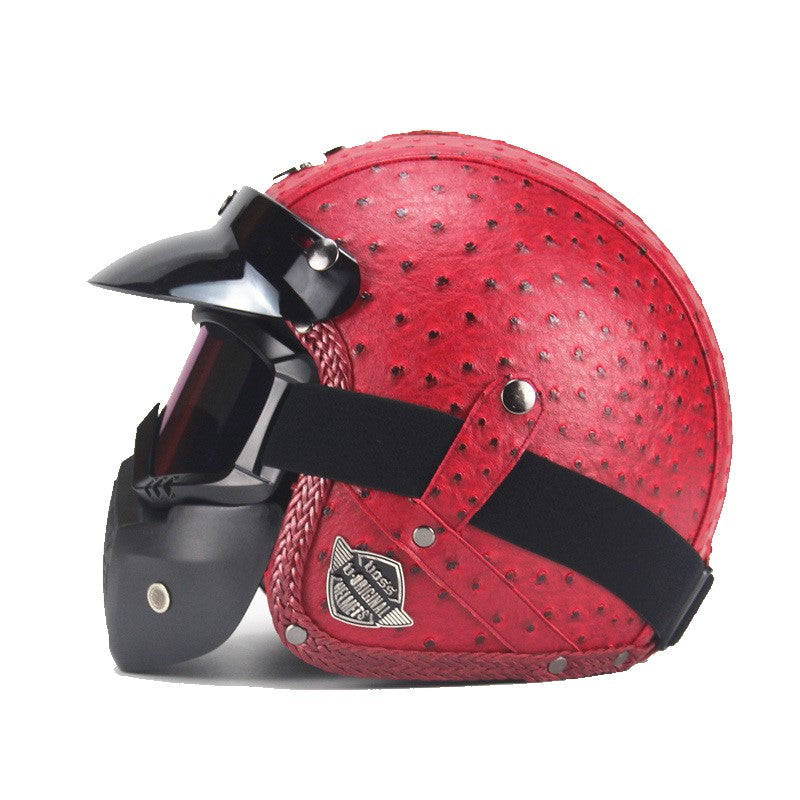 Cromos | Casque de moto vintage en cuir PU avec masque visage et lunettes intégrées