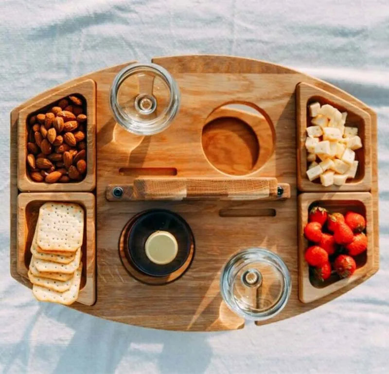 Cromos | Table de pique-nique en bois pliable pour vin – plateau rond extérieur avec porte-gobelets pour apéritif et dîner élégant en plein air