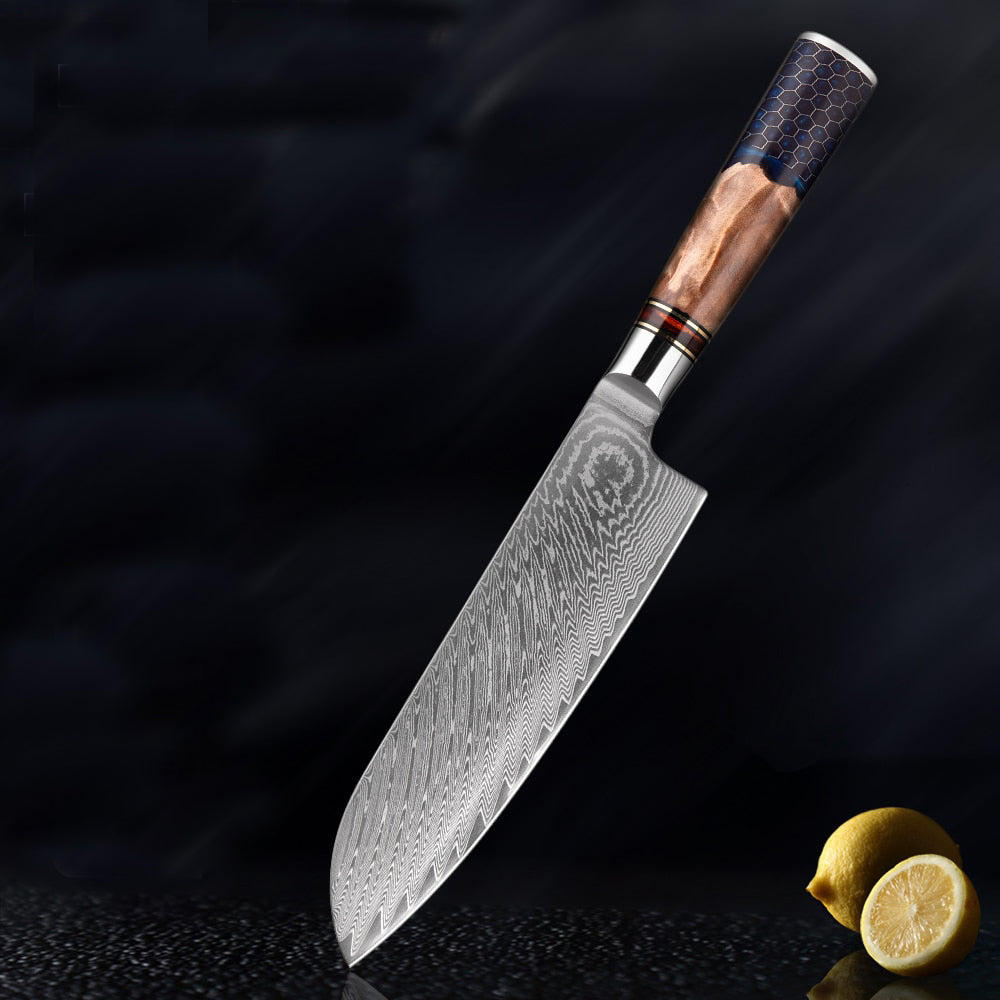 Cromos | Kiba Damascus Santoku Couteau de Cuisine Japonais Premium – Lame Acier Damas VG-10 Haute Précision pour Coupe Professionnelle
