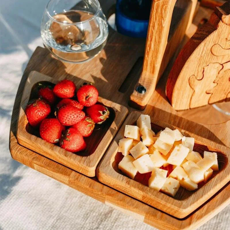 Cromos | Table de pique-nique en bois pliable pour vin – plateau rond extérieur avec porte-gobelets pour apéritif et dîner élégant en plein air