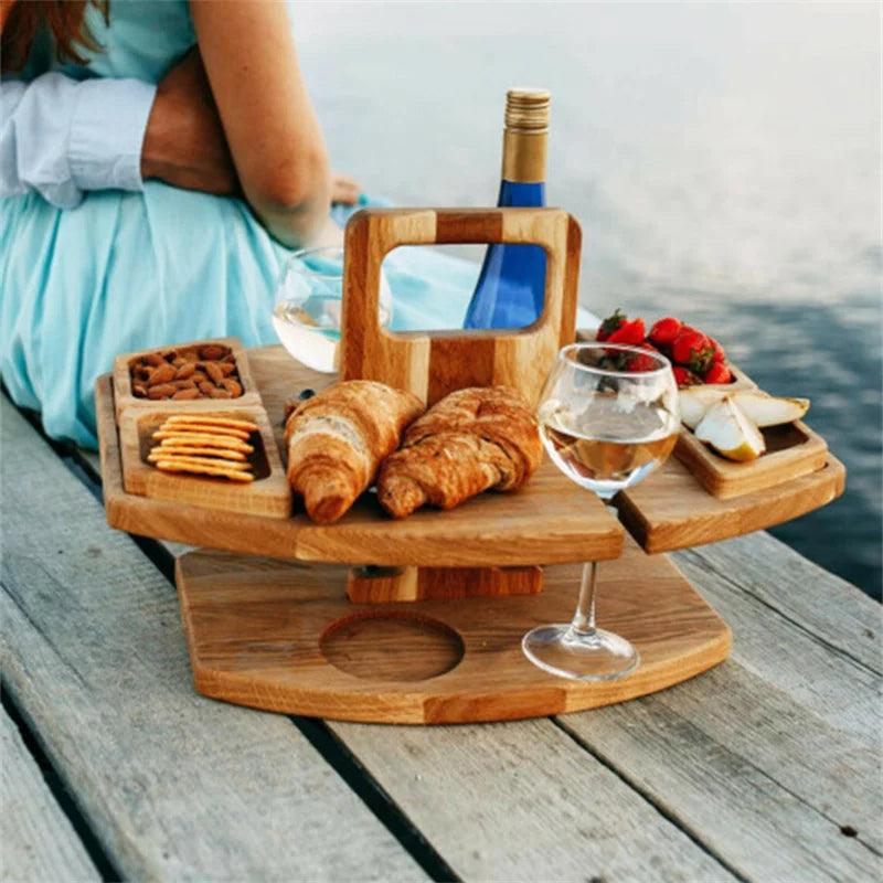 Cromos | Table de pique-nique en bois pliable pour vin – plateau rond extérieur avec porte-gobelets pour apéritif et dîner élégant en plein air