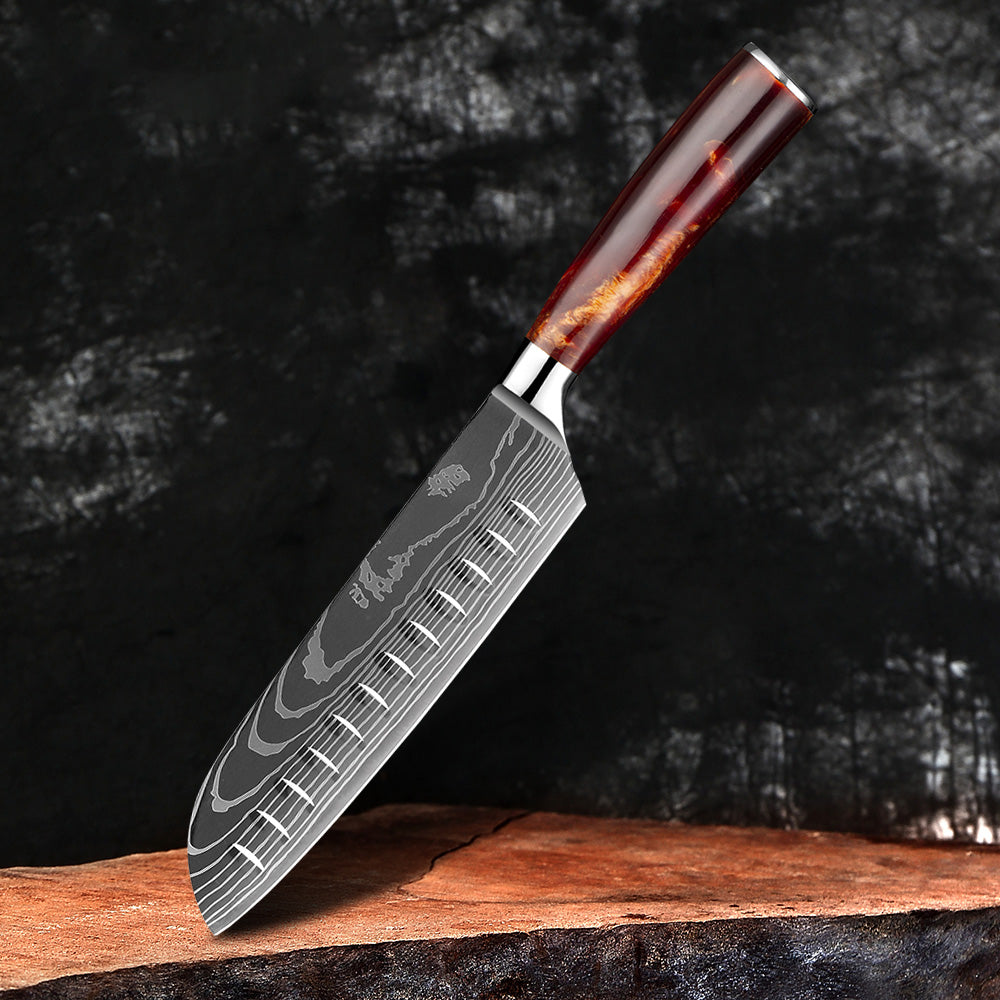 Cromos | Kanji Santoku Couteau de Cuisine Japonais Premium – Lame Damas VG-10 Haute Précision pour Découpe Professionnelle et Cuisine Élégante