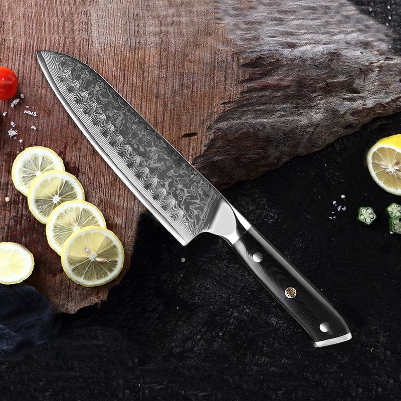 Cromos | Kuro Damascus Santoku Couteau de Cuisine Japonais Premium – Lame Acier Damas VG-10 Haute Précision et Performance Professionnelle