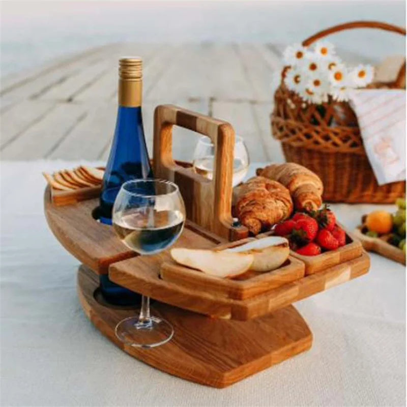 Cromos | Table de pique-nique en bois pliable pour vin – plateau rond extérieur avec porte-gobelets pour apéritif et dîner élégant en plein air