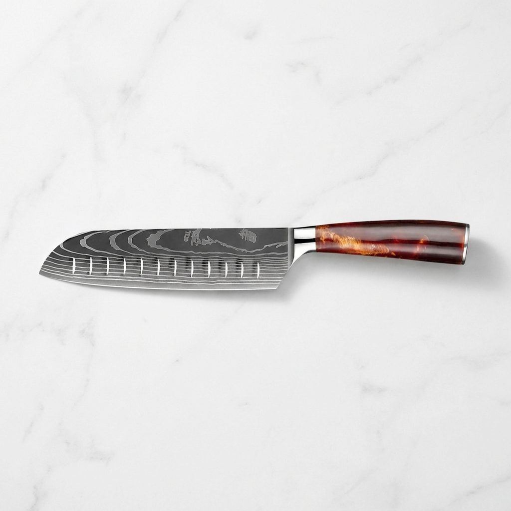 Cromos | Kanji Santoku Couteau de Cuisine Japonais Premium – Lame Damas VG-10 Haute Précision pour Découpe Professionnelle et Cuisine Élégante